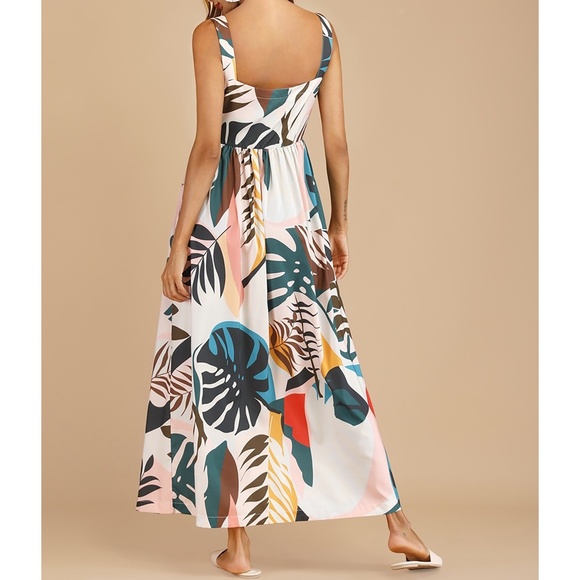 Off White Tropical Print Button Down Maxi Dress - Picture 2 of 6